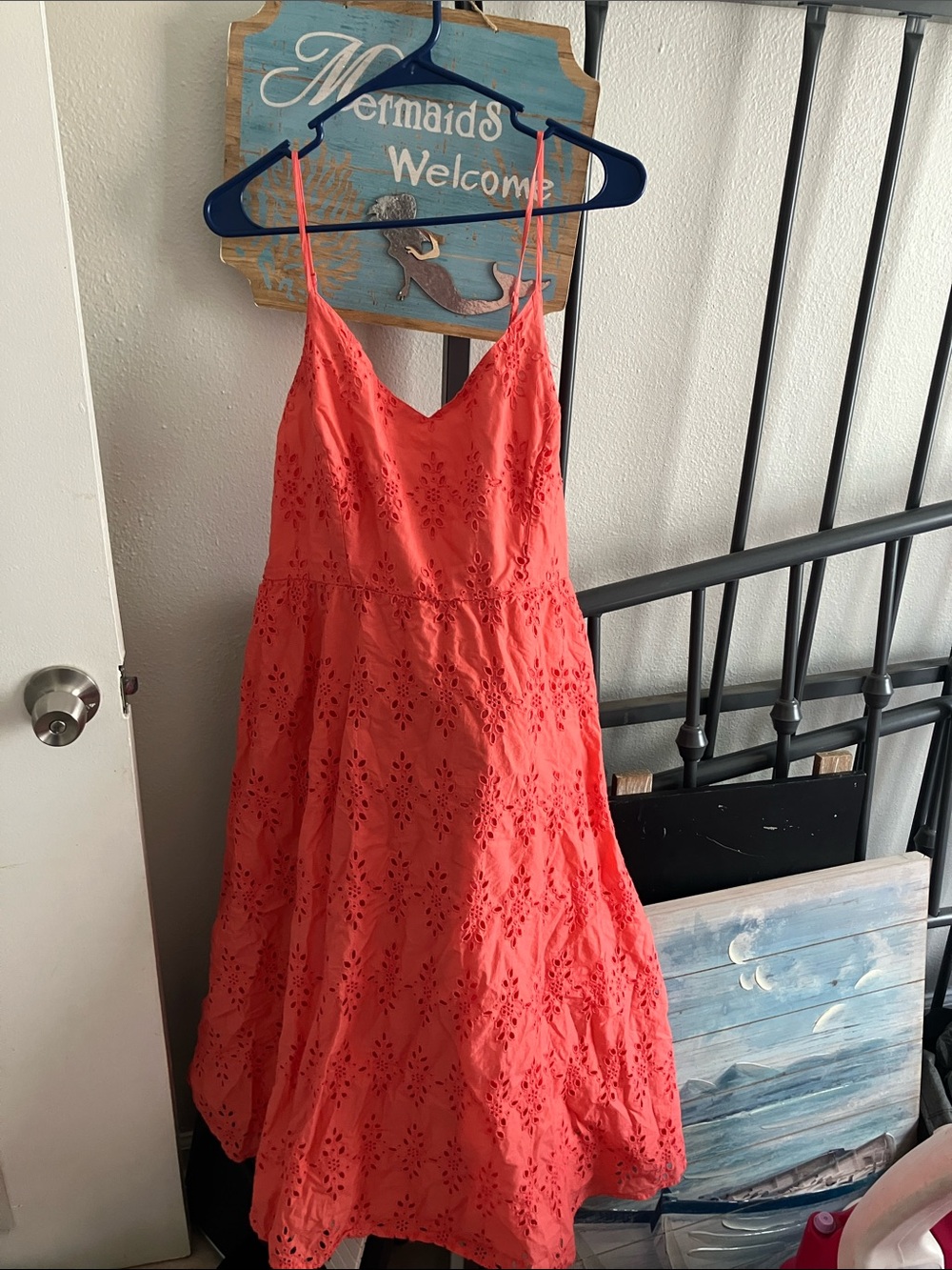 Old Navy Coral Eyelet Midi Dress with Spaghetti Straps